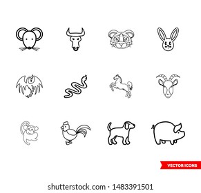 Chinese zodiac icon set of outline types. Isolated vector sign symbols. Icon pack.