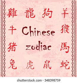 Chinese zodiac illustration - signs of Chinese zodiac with an border