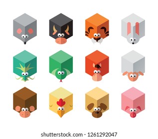 Chinese Zodiac isometric icon set in cubes