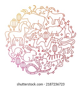 Chinese Zodiac Line Icon Circle Design. Vector Illustration of Outline Poster.