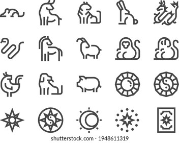 Chinese zodiac line icon set. Included the icons as astrology, animals, esoteric, horoscope, and more.