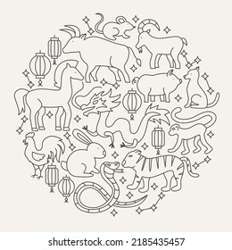 Chinese Zodiac Line Icons Circle. Vector Illustration of Outline Design.