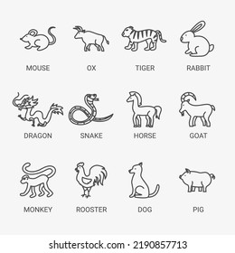 Chinese Zodiac Line Symbols Set. Vector Thin Outline Sign.