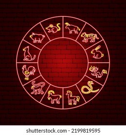 Chinese Zodiac Neon Circle. Vector Illustration of Asia Promotion.
