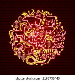 Chinese Zodiac Neon Concept. Vector Illustration of Asia Promotion.