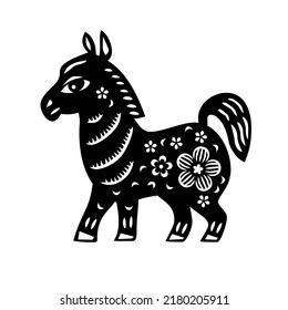 Chinese Zodiac New Year sign horse. Traditional china horoscope animal. Silhouette of animal, painted in Chinese graphic style with floral ornate. Vector illustration. Paper cut