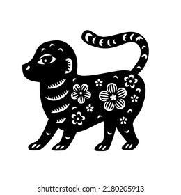 Chinese Zodiac New Year sign monkey. Traditional china horoscope animal. Silhouette of animal, painted in Chinese graphic style with floral ornate. Vector illustration. Paper cut