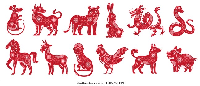 Chinese Zodiac New Year signs. Traditional china horoscope animals, red zodiacs silhouette. Astrological calendar cat, dragon and tiger mascots. Isolated vector illustration icons set svg