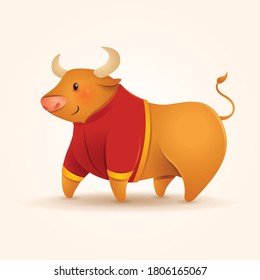 Chinese zodiac ox with asian traditional costume. Chinese New Year 2021. Year of the Ox.