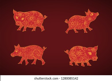 Chinese Zodiac Pigs, Hand Drawn Illustration, Isolated Vector