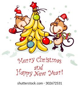 Chinese zodiac postcard 2016 with the monkey and stylized Ã?Â±hristmas tree. banner merry christmas and happy new year.