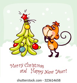 Chinese zodiac postcard 2016 with the monkey and stylized christmas tree. banner merry christmas and happy new year.