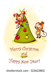 Chinese zodiac postcard 2016 with the monkey and stylized christmas tree. banner merry christmas and happy new year.