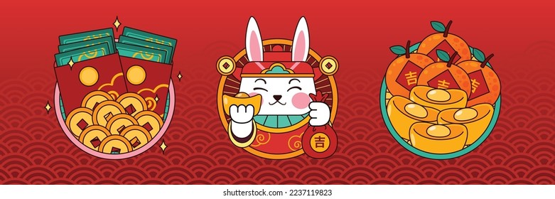 Chinese Zodiac, Rabbit With Golden Nuggets, Coin, Red Envelope, Orange, Vector, Illustration, Translate : Lucky