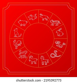 Chinese Zodiac Red Circle. Vector Thin Outline China Culture Symbols.