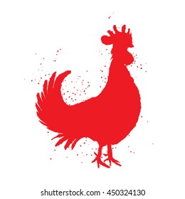Chinese zodiac red rooster for Chinese New Year. Rooster silhouette Chinese calligraphy imitation. Ink brush painting, Inksticks or India ink hair texture on the edge of the cock with splash of ink. 