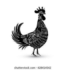 Chinese zodiac rooster design element for Chinese New Year decoration. Hand drawing cock or rooster in black on white background. Happy New Year of the Rooster zodiac emblem 2017. Vector.