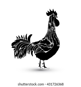 Chinese zodiac rooster design element for Chinese New Year decoration. Hand drawing cock or rooster in black on white background. Happy New Year of the Rooster zodiac emblem 2017. Vector.