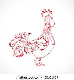 Chinese zodiac rooster design element for Chinese New Year decoration. Image of a hand drawing cock or rooster with red outline on grey background. Drawing for coloring. Vector.