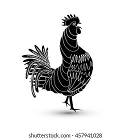 Chinese zodiac rooster design element for Chinese New Year decoration. Hand drawing cock or rooster in black on white background. Happy New Year of the Rooster zodiac emblem 2017. Vector.