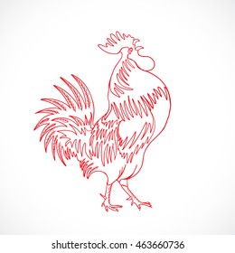 Chinese zodiac rooster design element for Chinese New Year decoration. Image of a hand drawing cock or rooster with red outline on grey background. Drawing for coloring. Vector.