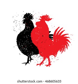 Chinese zodiac, rooster. Chinese New Year. Couple of rooster are looking to the left. Vector. Imitation of hand drawing or painting of the silhouettes with Chinese calligraphy Inksticks or India ink.