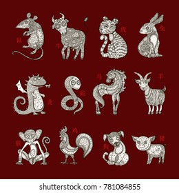 Chinese zodiac. Set of zodiac signs. Hand drawn illustration, cartoon style. Vector Horoscope animals.