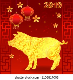 Chinese zodiac sign animal. 2019 is new Year of Yellow Pig or boar. Red background for congratulations and greeting card with gloden yellow pig and lanterns.