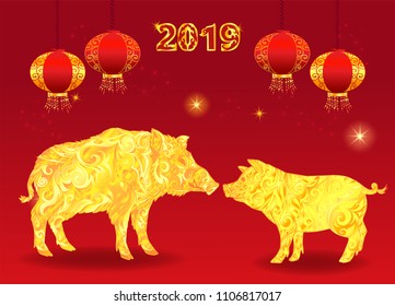 Chinese zodiac sign animal. 2019 is New Year of Yellow Pig or boar. Red background for congratulations and greeting card with wild pig, pigglet and lanterns.