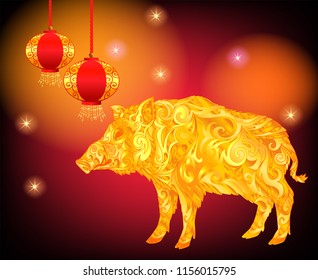 Chinese zodiac sign animal of lunar year. 2019 is New Year of Yellow Pig or boar. Red background for congratulations and greeting card with wild pig and lanterns.