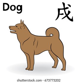 Chinese Zodiac Sign Dog in brown color, symbol of New Year on the Eastern calendar, hand drawn vector cartoon illustration isolated on a white background