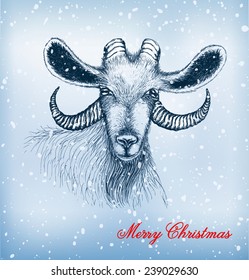 Chinese zodiac sign, goat in a hand drawn style. Symbol of 2015 New Year. Blue christmas background with snowfall. Vector Illustration.