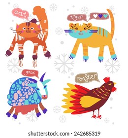Chinese zodiac sign. Horoscope.Year Cat, Tiger, Goat, Rooster. Vector. Icon.
