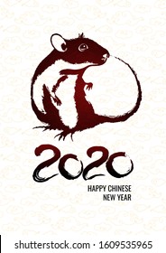 Chinese Zodiac Sign meaning Year of the Rat. Happy New Year 2020 lettering. Greeting card design template with calligraphy.