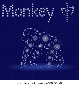 Chinese Zodiac Sign Monkey, Fixed Element Metal, symbol of New Year on the Eastern calendar, hand drawn vector illustration with snowflakes and light spheres on the seamless background, winter motif 