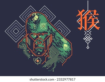 Chinese zodiac sign of monkey, Graphic of colourful cyber ape with traditional Chinese element, Chinese word refers to monkey Zodiac