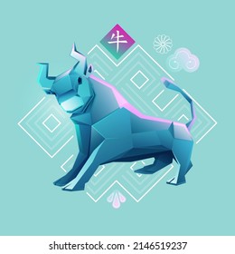 Chinese zodiac sign of ox, Graphic of colorful low poly bull with traditional Chinese element