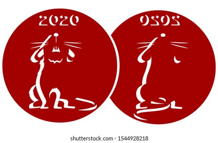 Chinese zodiac sign of the rat. New year 2020. Banner, greeting card, invitation with outline cartoon mice. Rat looks at the title 2020. Front and rear rat view. Rat character looks up and stands back