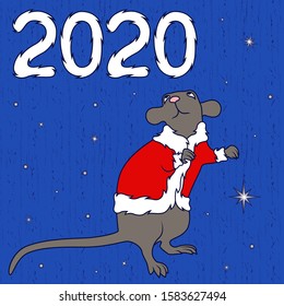 Chinese Zodiac Sign Rat in Santa jacket, symbol of New Year on the Eastern calendar, hand drawn illustration on the muted pattern with star, background can be used as a seamless texture