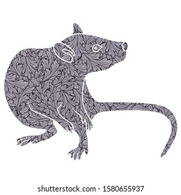 Chinese Zodiac Sign Rat, symbol of New Year on the Eastern calendar, hand drawn vector stencil with monochrome leaves isolated on a white background