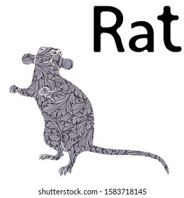 Chinese Zodiac Sign Rat, symbol of New Year on the Eastern calendar, hand drawn vector stencil with monochrome leaves isolated on a white background