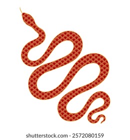 Chinese zodiac sign, snake line art with traditional seigaiha pattern. 2025 Lunar New Year hand drawn vector illustration. Asian style design. Holiday card, banner, poster, decor element