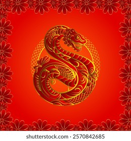 Chinese zodiac sign snake on red background with flowers. Vector illustration.