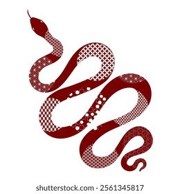 Chinese zodiac sign, snake with patterns character flat illustration. 2025 Lunar New Year hand drawn vector. Asian style design. Element for traditional holiday card, banner, poster, decor