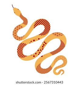 Chinese zodiac sign, snake with patterns character flat illustration. 2025 Lunar New Year hand drawn vector. Asian style design. Element for traditional holiday card, banner, poster, decor