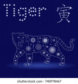 Chinese Zodiac Sign Tiger, Fixed Element Wood, symbol of New Year on the Eastern calendar, hand drawn vector illustration with snowflakes and light spheres on the seamless background, winter motif