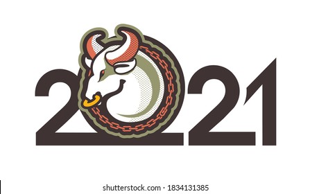Chinese zodiac sign, year of the bull, conceptual illustration from numbers of the year on white background with animal head