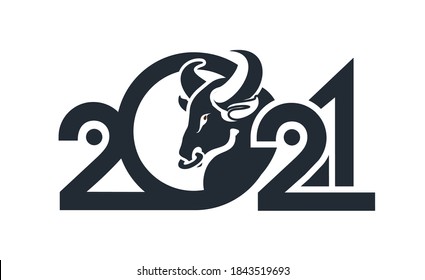 Chinese zodiac sign, year of the bull, conceptual illustration from numbers of the year with animal head black and white retro poster