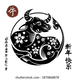 Chinese Zodiac Sign Year of Ox,Chinese calendar for the year of ox 2021,Calligraphy translation:year of the ox brings prosperity and good fortune