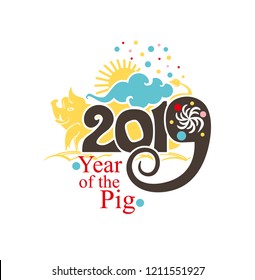 Chinese Zodiac Sign Year of Pig. 2019. Concept bright logo, banner, poster with earth Pig, Boar. Happy Chinese New Year. Vector illustration on white background.
